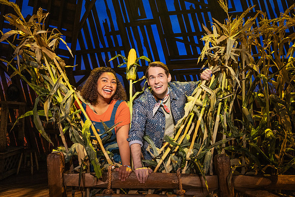 Maya Lagerstam as Storyteller 1 and Tyler Joseph Ellis as Storyteller 2 in The North American Tour of SHUCKED (Photo by Matthew Murphy and Evan Zimmerman) 0861