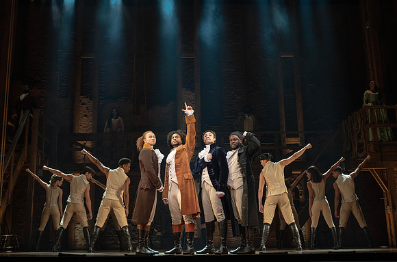 (3) (l-r) Nathan Haydel, Tyler Fauntleroy, Jared Howelton, Elvie Ellis, and Company - HAMILTON National Tour - (c) Joan Marcus 2024